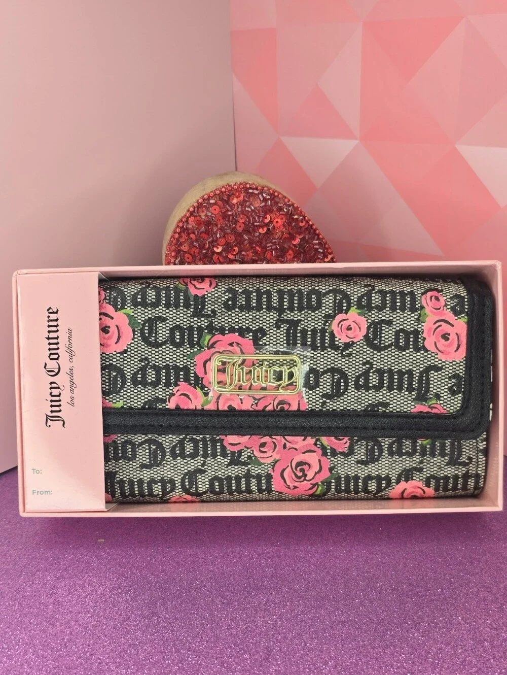 💖NWT💖Juicy Couture Black & Pink Rose Signature Logo Trifold Wallet